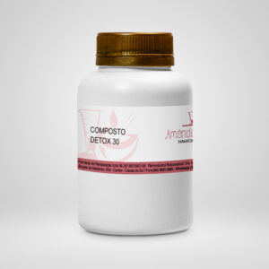 A embalagem do composto detox 30 é cilíndrica e branca. O rótulo está no centro da embalagem, com o nome da marca e descrições adicionais. A tampa é dourada.