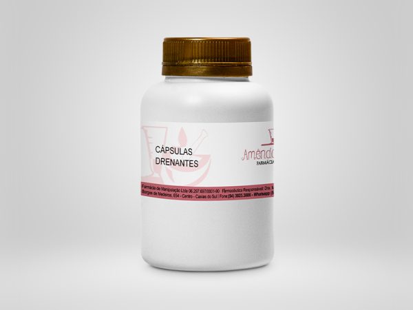 A embalagem das cápsulas é um pote plástico, da cor branca com uma tampa dourada. No centro da embalagem há um rótulo com o nome da farmácia , Amêndoa Doce, e informações adicionais.